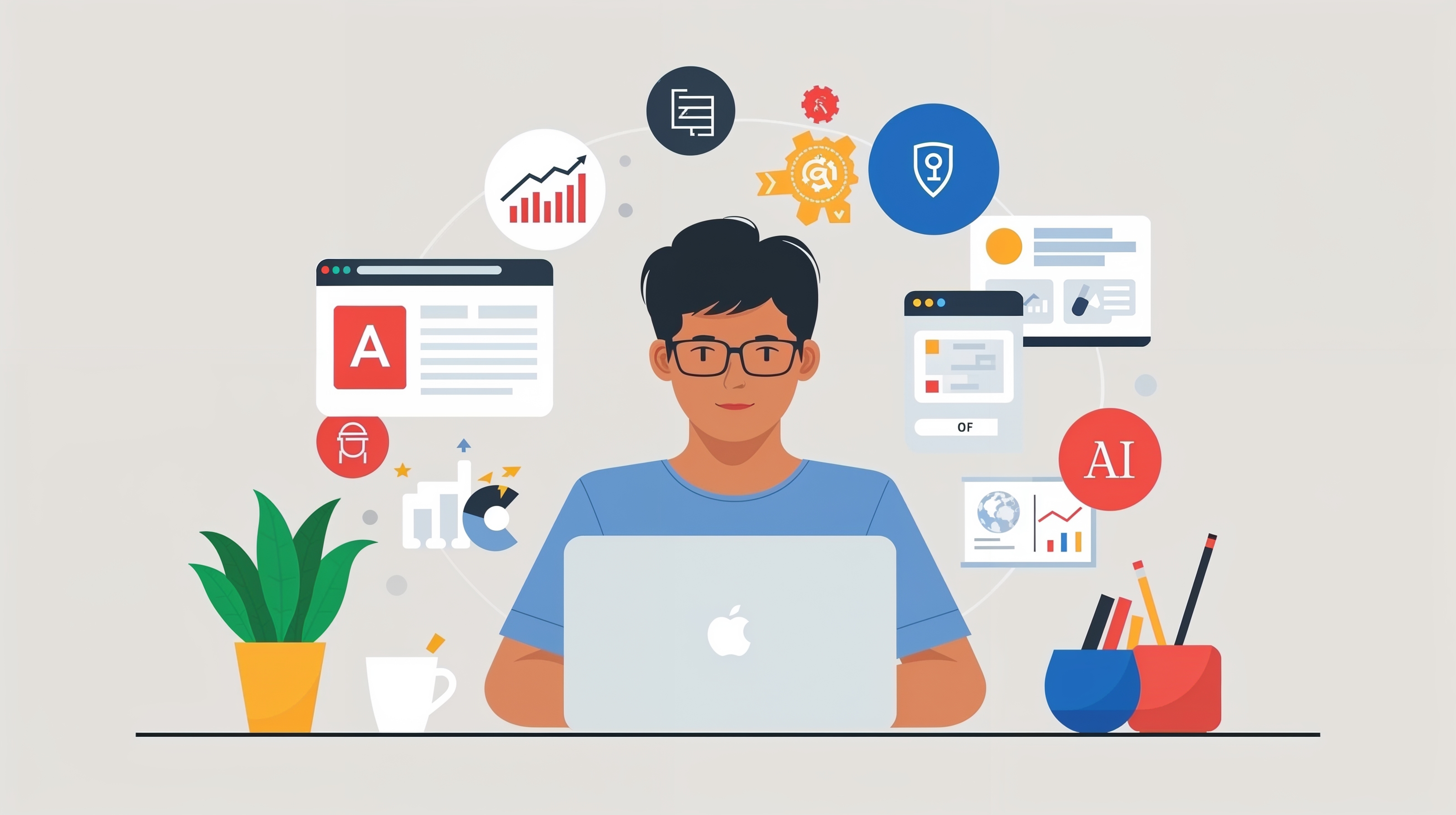 An illustration a boy sitting on a laptop with a visual context of digital marketing skills