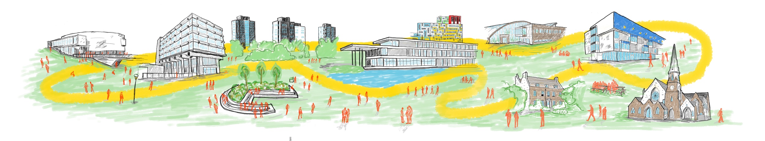 Illustration of all of the major buildings from the University's three campuses