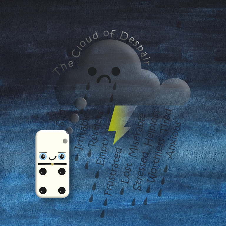 Cloud of despair above domino cartoon character