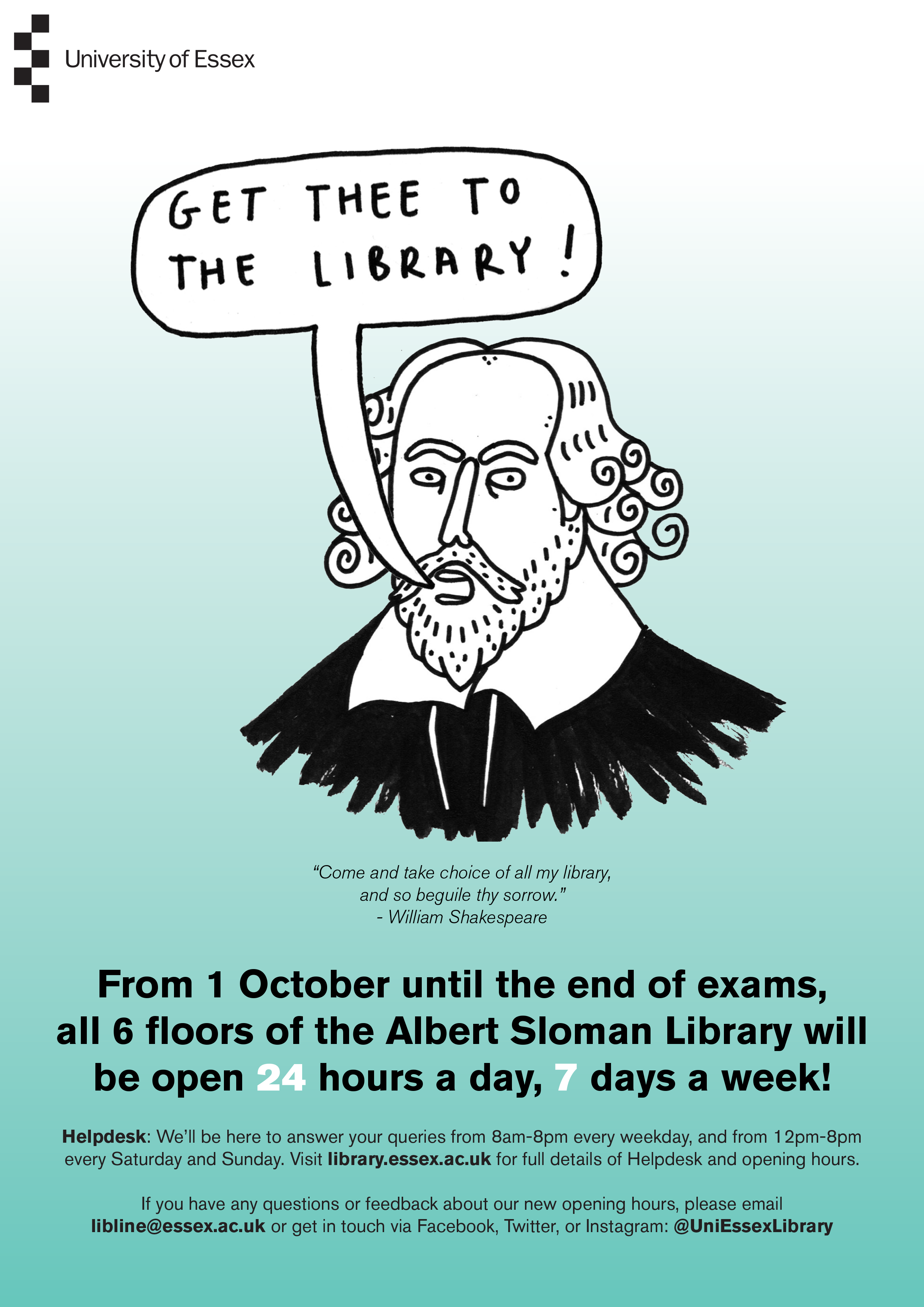 Library poster with cartoon of Shakespeare on it