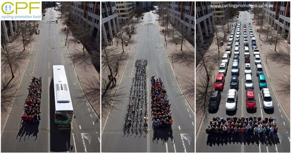 Photograph showing how many people can fit into a bus compared to cars